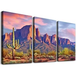 Shangniulu  Colorfull Sunset with Superstition Mountains wall art Sonoran Desert Picture Saguaros Landscape Canvas Wall Art Gallery Wrapped Botanical Cactus in Picture Print on Canvas for Living Room