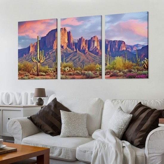 Shangniulu  Colorfull Sunset with Superstition Mountains wall art Sonoran Desert Picture Saguaros Landscape Canvas Wall Art Gallery Wrapped Botanical Cactus in Picture Print on Canvas for Living Room