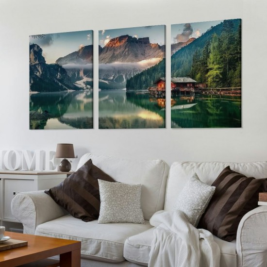 Shangniulu Green Lake Mountain Pictures Canvas Wall Art for Living room Bedroom Wall Decor, Mountain Wall Art Print Paitnings for home Decor,Morden Artwork House in the lake Landscape Canvas Art