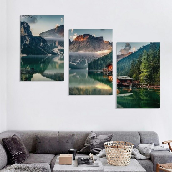 Shangniulu Green Lake Mountain Pictures Canvas Wall Art for Living room Bedroom Wall Decor, Mountain Wall Art Print Paitnings for home Decor,Morden Artwork House in the lake Landscape Canvas Art