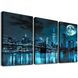 Shangniulu Wall Art Canvas Painting Black White and Blue New York Brooklyn Bridge Cityscape Night Building Picture Poster Print Framed for Living Room Bedroom Kitchen Office Home Decor