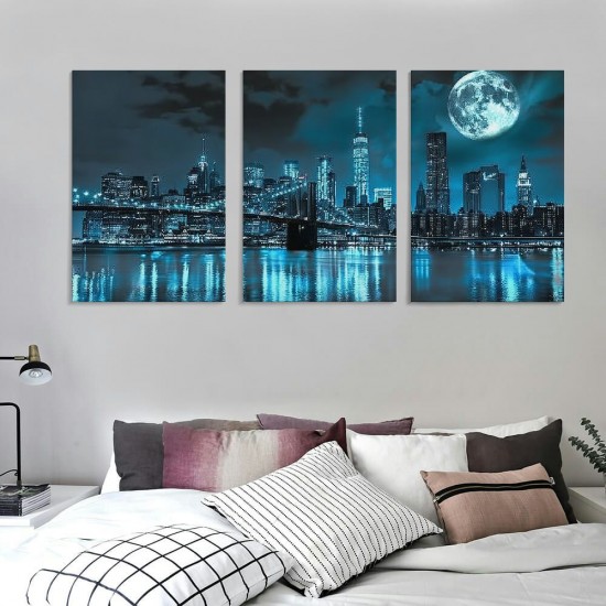 Shangniulu Wall Art Canvas Painting Black White and Blue New York Brooklyn Bridge Cityscape Night Building Picture Poster Print Framed for Living Room Bedroom Kitchen Office Home Decor