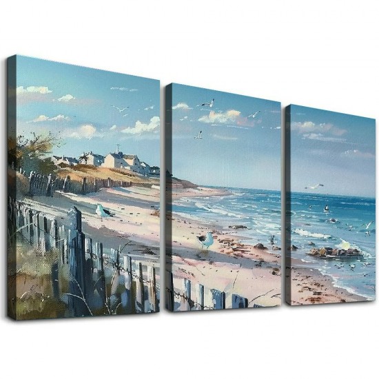 Shangniulu Abstract Beach Canvas Wall Art Blue Sky Landscape Painting Beach Themed Room Decor Ocean Picture Nature Paintings Flying Birds Posters Print for Living Room Home Office Bedroom