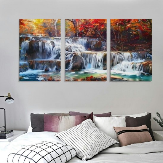 Shangniulu Wall Art Canvas Painting Red Forest Waterfalls Modern Landscape Tree Picture Poster Print Framed and Stretched Ready to Hang for Living Room Bedroom Kitchen Office Home Decor