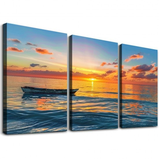 Shangniulu Wall Art Decor Canvas Print Picture Sunset over the Sea Boat Ocean Waves Scenery Painting Artwork for Office Wall Decor Home Decoration Stretched and Framed Ready to Hang