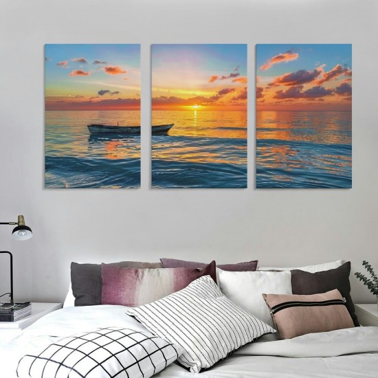 Shangniulu Wall Art Decor Canvas Print Picture Sunset over the Sea Boat Ocean Waves Scenery Painting Artwork for Office Wall Decor Home Decoration Stretched and Framed Ready to Hang