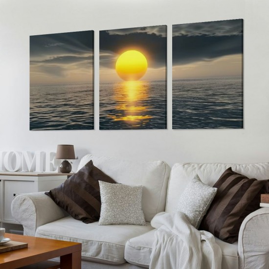 Shangniulu Canvas Prints Wall Art Decor Yellow Sunset over the ocean Picture Curved Horizon Painting Artwork for Dining Room Kitchen Home Decor Stretched and Framed Ready to Hang