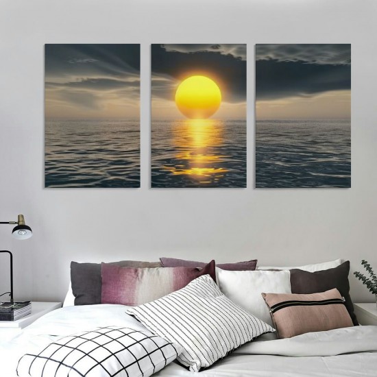 Shangniulu Canvas Prints Wall Art Decor Yellow Sunset over the ocean Picture Curved Horizon Painting Artwork for Dining Room Kitchen Home Decor Stretched and Framed Ready to Hang