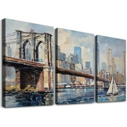 Shangniulu Brooklyn Bridge Wall Art New York Abstract Canvas Cityscape Painting, Colorful NYC Skyline Textured Picture Modern Artwork Framed for Living Room Bedroom Office Home Decor