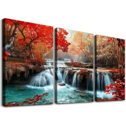 Shangniulu Wall Art Decor Canvas Print Picture Red Forest Waterfalls Landscape Tree for Living Room Office Home Decorations Stretched and Framed Ready to Hang