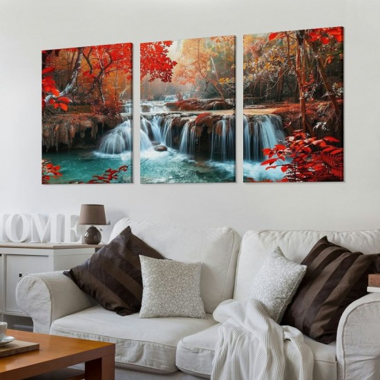 Shangniulu Wall Art Decor Canvas Print Picture Red Forest Waterfalls Landscape Tree for Living Room Office Home Decorations Stretched and Framed Ready to Hang