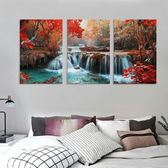 Shangniulu Wall Art Decor Canvas Print Picture Red Forest Waterfalls Landscape Tree for Living Room Office Home Decorations Stretched and Framed Ready to Hang