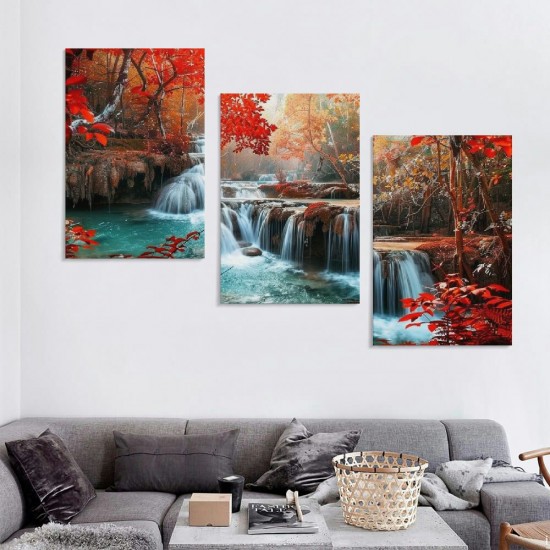 Shangniulu Wall Art Decor Canvas Print Picture Red Forest Waterfalls Landscape Tree for Living Room Office Home Decorations Stretched and Framed Ready to Hang