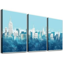 Shangniulu New York Wall Art - Abstract City Skyline Canvas Pictures for Living Room Bedroom Decor Aesthetic Artwork Teal Blue Navy Canvas Prints for Bedroom Home Office Wall Decor