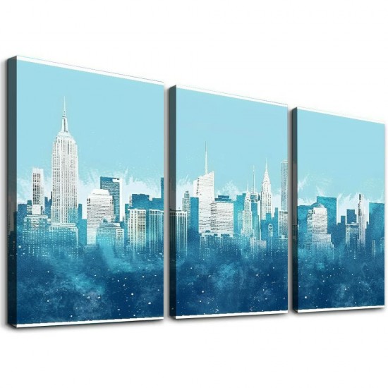 Shangniulu New York Wall Art - Abstract City Skyline Canvas Pictures for Living Room Bedroom Decor Aesthetic Artwork Teal Blue Navy Canvas Prints for Bedroom Home Office Wall Decor