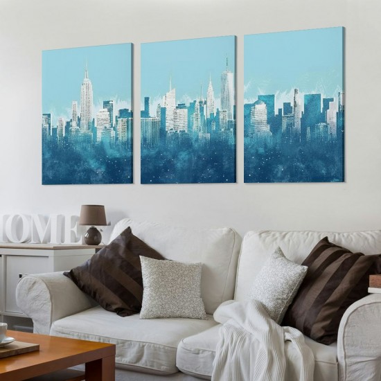 Shangniulu New York Wall Art - Abstract City Skyline Canvas Pictures for Living Room Bedroom Decor Aesthetic Artwork Teal Blue Navy Canvas Prints for Bedroom Home Office Wall Decor