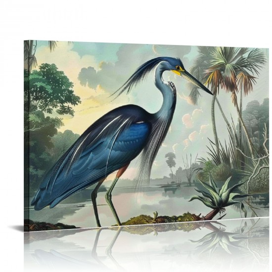 Shangniulu Blue Heron Wall Art Bird Poster Vintage Frame Canvas Painting Wall Art Heron Artwork Poster Picture Bedroom Wall Decor