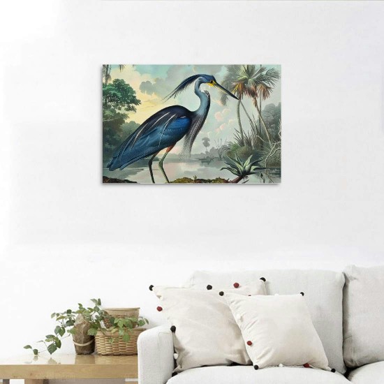 Shangniulu Blue Heron Wall Art Bird Poster Vintage Frame Canvas Painting Wall Art Heron Artwork Poster Picture Bedroom Wall Decor