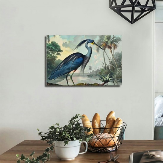 Shangniulu Blue Heron Wall Art Bird Poster Vintage Frame Canvas Painting Wall Art Heron Artwork Poster Picture Bedroom Wall Decor