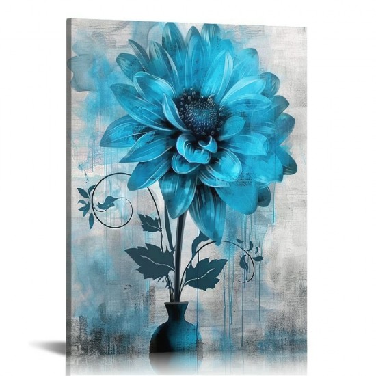 QKZF Abstract Flowers Wall Art Teal Flower Canvas Pictures Rustic Blossom Canvas Painting for Bedroom Bathroom Wall Decor Modern Teal Grey Canvas Prints Contemporary Botanical Wall Art