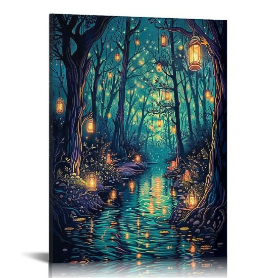 QKZF Halloween Fantasy Forest Canvas Wall Art, on Trees Blue Poster for Aesthetic, Picture Print Decor