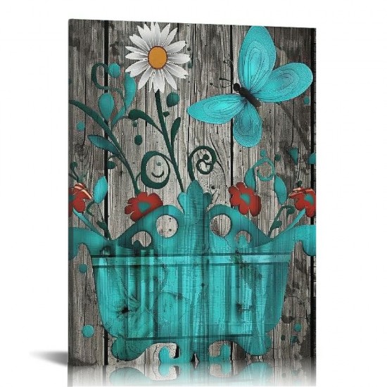 QKZF Bathroom Wall Art Daisy Canvas Pictures Modern Flower Bathtub Artwork Rustic Wood Board Background Contemporary Wall Art Decor Bedroom Living Room Office Home Framed Ready to Hang