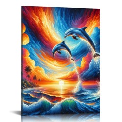 QKZF Dolphin Sunset Canvas Wall Art Animal Painting Art Decor Prints Picture of Dolphins Jumping Out of Water Framed Ready to Hang