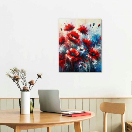 QKZF Abstract Flowers Wall Art Framed Red Bouquet Pictures Artwork Print Painting on Canvas Modern Abstract Painting Textured Flower Pictures for Living Room Bedroom Bathroom Decor