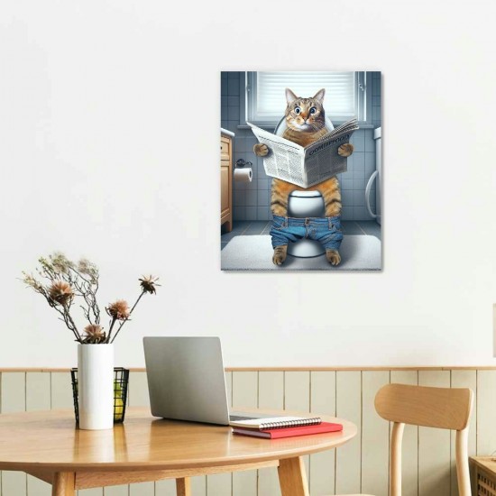 QKZF Cat Paintings Canvas Wall Art Modern Cat Bathroom Decor Posters Cat on Toilet Pictures Funny Animals Kids Bathroom Wall Decor For Living Room Bathroom Decoration