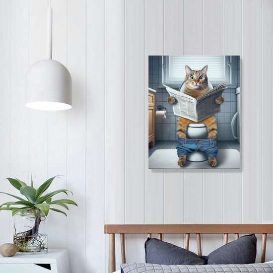 QKZF Cat Paintings Canvas Wall Art Modern Cat Bathroom Decor Posters Cat on Toilet Pictures Funny Animals Kids Bathroom Wall Decor For Living Room Bathroom Decoration