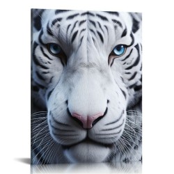 QKZF White Wall Art Wild Animal Portrait Picture Wall Decor Blue Eyed Tiger Prints on Canvas Posters Modern Home Decor for Living Room Kids Room Stretched and Framed Artwork